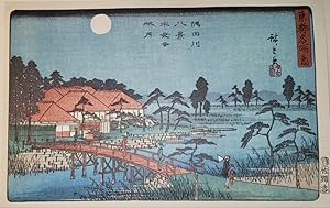 Immagine del venditore per One of the Famous Places in the Eastern Capital Eight Views on the Sumida River: Autumn Moon at Mokubo-ji Temple. [Folding cardboard with art print of Japanese woodblock]. Signed " Hiroshige ga," with artist's seal reading "Ichiryusai;" publisher's seal reading "Sanoki," and censor's seal. venduto da Fundus-Online GbR Borkert Schwarz Zerfa