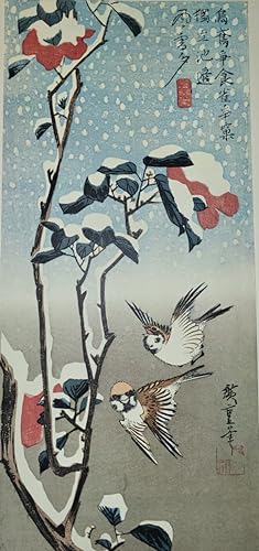 Immagine del venditore per Camellia and Sparrows in Snow. [Folding cardboard with art print of Japanese woodblock]. Signed "Hiroshige hitsu" with artist's seal reading "Utagawa"; publisher's seal reading "Jakurindo". venduto da Fundus-Online GbR Borkert Schwarz Zerfa