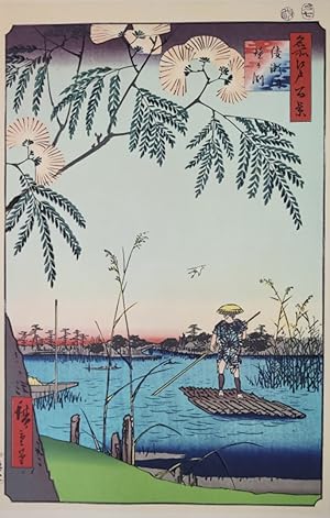 Immagine del venditore per One Hundred Famous Views of Edo   Kanegafuchi on the Ayase River. [Folding cardboard with art print of Japanese woodblock]. Signed "Hiroshige hitsu"; publisher s seal reading "Shitaya Uoei", and censor s seal, with cyclical seal of the seventh month of 1857. venduto da Fundus-Online GbR Borkert Schwarz Zerfa