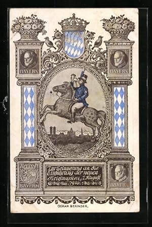 Ansichtskarte Erinnerung an die Einführung der neuen Briefmarken, 1916, Reiter der Post mit Horn,...