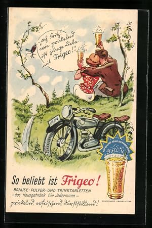 Ansichtskarte Reklame für Frigo Brause-Pulver und Trinktabletten, Paar mach Rast von der Motorrad...