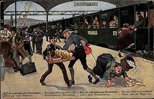 Künstler Ansichtskarte / Postkarte Boettcher, Hans, Stuttgart, Bahnhof, Auf de Schwäbsche Eisebahne