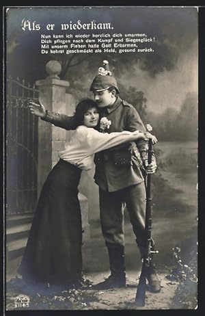 Bild des Verkufers fr Foto-Ansichtskarte R, K / L Nr. 8314/5: Junge Frau begrsst den heimkehrenden Soldaten, Als er wiederkam zum Verkauf von Bartko-Reher