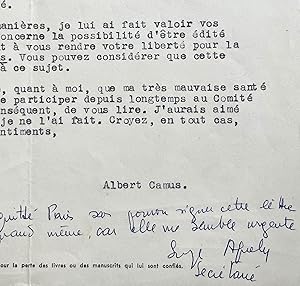 Image du vendeur pour Albert Camus justifie la prise de dcision de Gallimard auprs de l'crivain indpendantiste Jean-Pierre Millecam mis en vente par Traces Ecrites