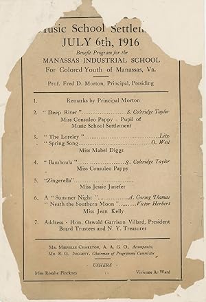 Music School Settlement / July 6, 1916 / Benefit Program for the Manassas Industrial School for C...