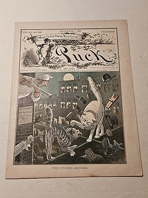 Seller image for 1882 Puck Lithograph of "The Citizens Aroused" - Roof Top Political Cat Fight Between Democrat & Republican Cats for sale by rareviewbooks