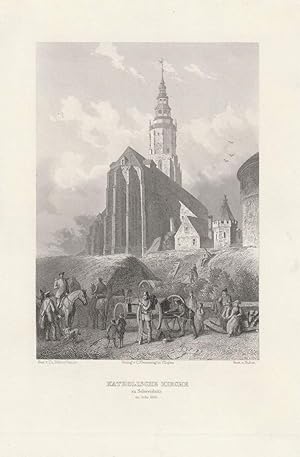 Katholische Kirche zu Schweidnitz im Jahr 1866. Stahlstich-Ansicht von Huber nach Blätterbauer.