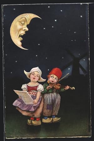 Bild des Verkufers fr Knstler-Ansichtskarte E. Colombo unsign.: Kleines Hollnderpaar erzrnt den Mond durch seinen Gesang zum Verkauf von Bartko-Reher
