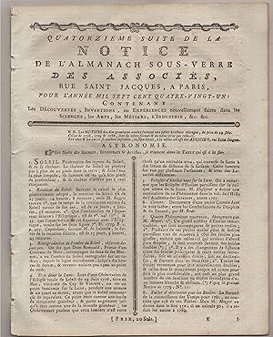 Image du vendeur pour Almanach sous-verre]. Quatorzime suite de la Notice de l'Almanach Sous-Verre des Associs, rue Saint Jacques,  Paris, contenant les Dcouvertes, Inventions, ou Expriences nouvellement faites dans les Sciences, les Arts, les Mtiers, l'Industrie, &c. &c. mis en vente par PRISCA