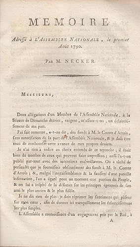 Imagen del vendedor de Mmoire adress  l'Assemble nationale, le 1er aot 1790, par le Premier ministre des Finances [Necker]. a la venta por PRISCA