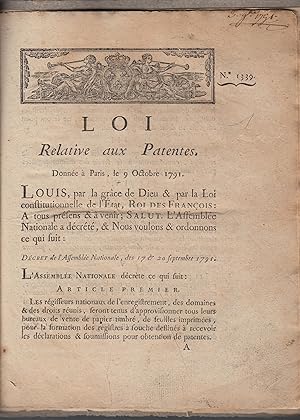 Seller image for Loi relative aux patentes : donne  Paris, le 9 octobre 1791. for sale by PRISCA