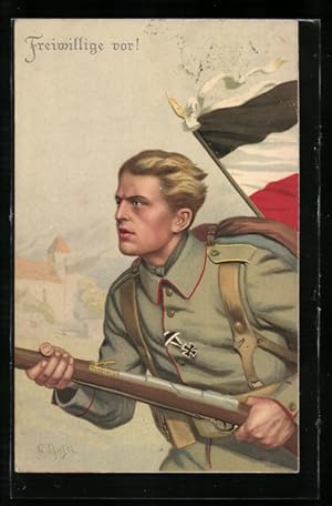 Image du vendeur pour Knstler-Ansichtskarte Gnther Nagel: Freiwillige vor!, Infanterist mit Eisenen Kreuz und wehendem Haar, Reichstandarte mis en vente par Bartko-Reher