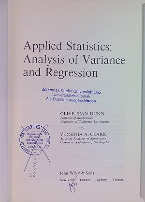 Immagine del venditore per Applied Statistics: Analysis of Variance and Regression Probability & Mathematical Statistics S. venduto da books4less (Versandantiquariat Petra Gros GmbH & Co. KG)