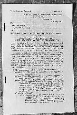 Imagen del vendedor de Survey Of Public Rights Of Way. Land Occupied By Service Departments 21 May, 1951 Circular No.20 (National Parks And Access To The Countryside Act, 1949) a la venta por Shore Books