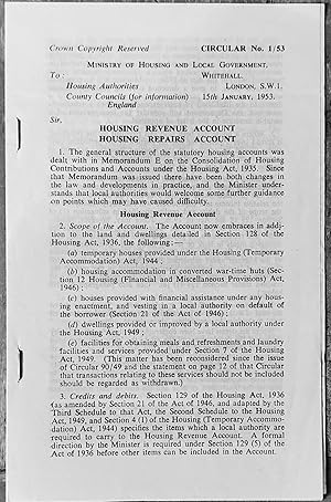 Seller image for Housing Revenue Account / Housing Repairs Account 15th January, 1953 Circular No.1/53 for sale by Shore Books