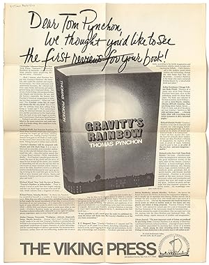 Seller image for [Large broadside, Gravity's Rainbow]: Dear Thomas Pynchon, We Thought You'd Like to See the First Reviews for Your Book!" for sale by Between the Covers-Rare Books, Inc. ABAA