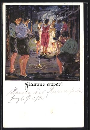 Seller image for Knstler-Ansichtskarte Otto Amtsberg: Flamme empor, Jugendlich versammeln sich um Lagerfeuer for sale by Bartko-Reher