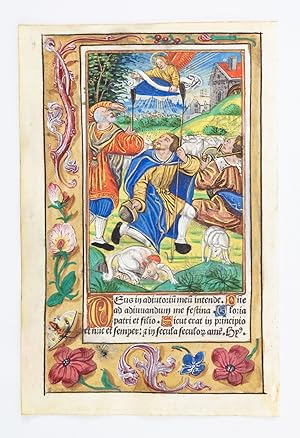 FROM A BOOK OF HOURS IN LATIN, WITH A FULL-PAGE HAND-COLORED MINIATURE OF THE ANNUNCIATION TO THE...