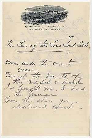 [Autograph Manuscript Unpublished Poem, Signed:] "THE LAY OF THE LONG LOST CABLE."