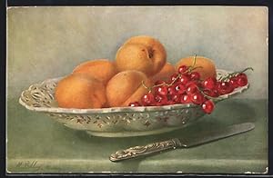 Bild des Verkufers fr Knstler-Ansichtskarte M. Billing: Schale mit Aprikosen und Roten Johannisbeeren, Stillleben zum Verkauf von Bartko-Reher