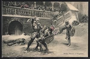 Künstler-Ansichtskarte Ritter kämpfen in Rüstung mit Schild und Streitäxten, Kopfloser Ritter am ...