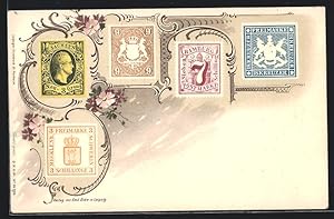 Lithographie Briefmarken aus Sachsen, Bayern, Hamburg und Mecklenburg-Schwerin