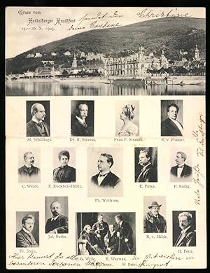 Klapp-Ansichtskarte Heidelberg, Heidelberger Musikfest 1903, Portraits von E. Pinks, P. Radig, R....