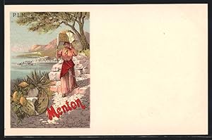Künstler-Ansichtskarte sign. Hugo d`Alesio: Menton, Frau mit Weidenkorb auf einem Bergpfad