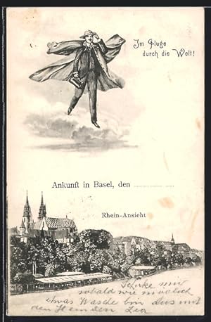 Ansichtskarte Basel, Mann im Anzug fliegt über den Ort, Rhein-Ansicht