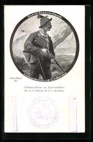 Ansichtskarte Der Ertl-Sepp-von-Gmund mit Gewehr, Schützenscheibe im Karwendelhaus