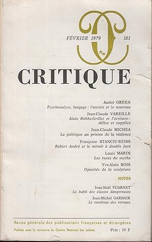Bild des Verkufers fr REVUE : Critique. n 381 - fvrier 1979. zum Verkauf von PRISCA