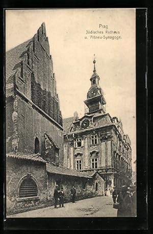 Ansichtskarte Prag / Praha, jüdisches Rathaus und Passanten