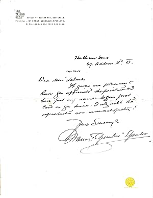 Image du vendeur pour [Frank Spenlove-Spenlove [John Francis Spenlove-Spenlove], Scottish landscape and figure painter.] Autograph Letter Signed, as principal of   "The Yellow Door" school of modern art , to  Miss Lalonde , regarding a post card of one of his paintings. mis en vente par Richard M. Ford Ltd