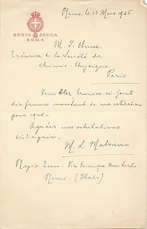 Mario LEVI-MALVANO lettre autographe signée chimiste