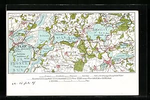 Lithographie Eutin, Landkarte mit Plön, Malente und Keller See