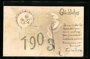 Bild des Verkufers fr Knstler-Ansichtskarte Sonne und Mond mit Gesichtern, Jahreszahl 1903 zum Verkauf von Bartko-Reher