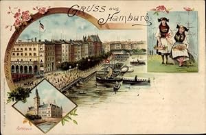 Bild des Verkufers fr Litho Hamburg Mitte Altstadt, Alter Jungfernstieg, Rathaus, Mdchen in Vierlnder Tracht zum Verkauf von akpool GmbH