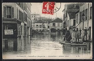 Carte postale Puteaux, Crue de la Seine 1910, Carrefour Magenta