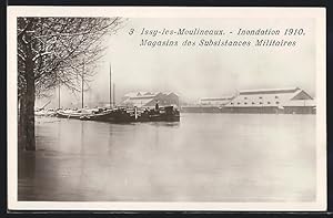 Carte postale Issy-les-Moulineaux, Inondation 1910, Magasins des Subsistances Militaires, inondation