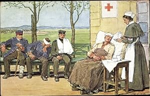 Künstler Ansichtskarte / Postkarte Claudius, Krankenschwester pflegt verwundete Soldaten, Rotes K...