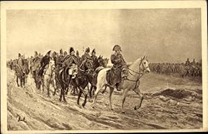 Künstler Ansichtskarte / Postkarte Napoleon zu Pferde, Soldaten, Kampagne in Russland