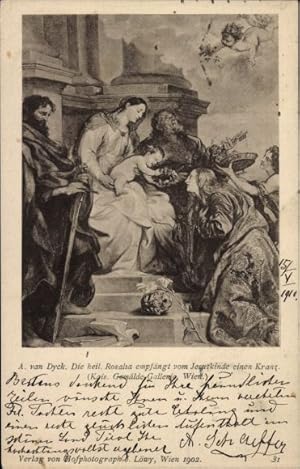 Künstler Ansichtskarte / Postkarte Van Dyck, A., Heilige Rosalta empfängt vom Jesuskinde einen Kranz
