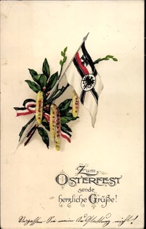 Ansichtskarte / Postkarte Glückwunsch, Ostern, Weidenkätzchen, Reichskriegsflagge, Patriotismus