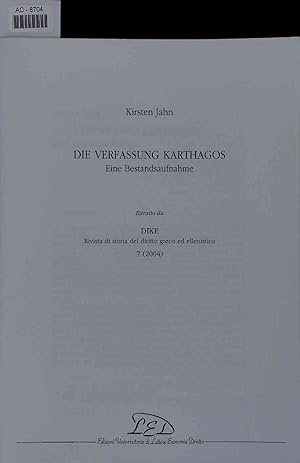 Imagen del vendedor de Die Verfassung Karthagos. Eine Bestandsaufnahme. Estratto da DIKE: Rivista di storia del diritto greco ed ellenistico. a la venta por Antiquariat Bookfarm