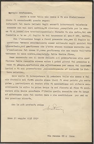 Immagine del venditore per Lettera dattiloscritta, firmata, stesa su una facciata, riguardante la collezione di dannunziana dell'antropologo fiorentino Nello Puccioni, padre dello scrivente. Indirizzata al professor Prassitele Piccinini, datata "21 maggio 1938": "[.] Vi rinviamo, compilato per la somma di L 35.000 (lire trentacinquemila) e firmato da mia madre, dal mio fratello e da me, il foglio da voi trasmesso al grand. Uff. Maffii. Con l'occasione tengo a farvi presente che, ove il foglio in questione dovesse esser collocato negli Archivi dell'Accademia, noi gradiremmo che l'atto stesso venisse corretto con l'esclusione del comma V [.] Come convenuto [.] noi provvederamo alla spedizione della raccolta stessa entro i primi giorni del prossimo mese di giugno [.] siamo lieti di aver potuto, in certa guisa, partecipare al vostro atto di mecenatismo col ridurre sensibilmente la cifra in primo luogo da noi fissata al fine di assicurare alla Reala Accademia d'ITalia quella raccolta [.]". venduto da Libreria Oreste Gozzini snc