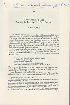 Bild des Verkufers fr Ovidian Shakespeare: Wit and the Iconography of the Passions. [From: Illinois Classical Studies, Vol. 12, 1987]. zum Verkauf von Fundus-Online GbR Borkert Schwarz Zerfa