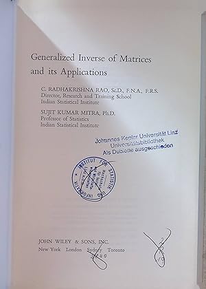 Bild des Verkufers fr Generalized Inverse of Matrices and Its Applications Probability & Mathematical Statistics S. zum Verkauf von books4less (Versandantiquariat Petra Gros GmbH & Co. KG)