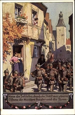 Künstler Ansichtskarte / Postkarte Hey, Paul, Soldatenliederpostkarte 2, Soldaten marschieren dur...