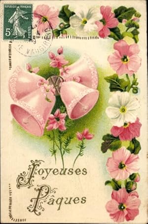 Präge Ansichtskarte / Postkarte Glückwunsch Ostern, Glocken, Blumen