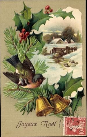 Präge Ansichtskarte / Postkarte Glückwunsch Weihnachten, Stechpalme, Tannenzweige, Glocken, Vogel